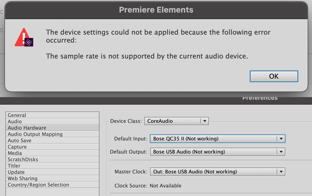 Adobe premier audio error